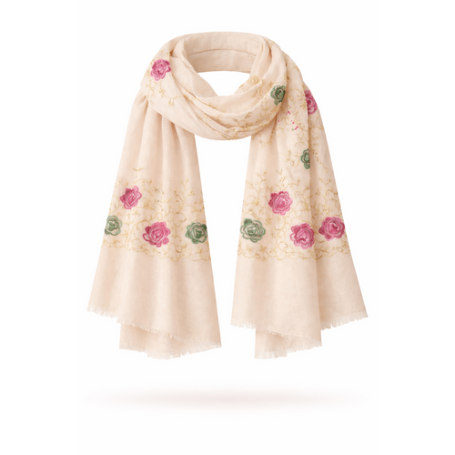 HS Sjaal - In 4 Kleuren - Langwerpig design met Rozen - Beige