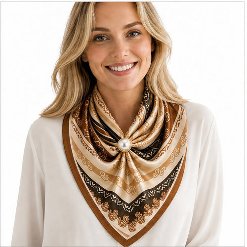 Grote parelsjaal in satijnlook met magneetsluiting in camel/bruin chainprint – foto 4 van 6