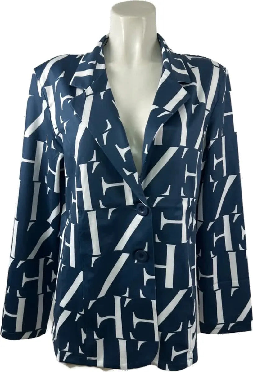 Angelle Milan - Donkerblauw-witte print travelstof blazer voor Dames - Travelstof - Comfort - Strijkvrij - Duurzaam - In 5 maten!