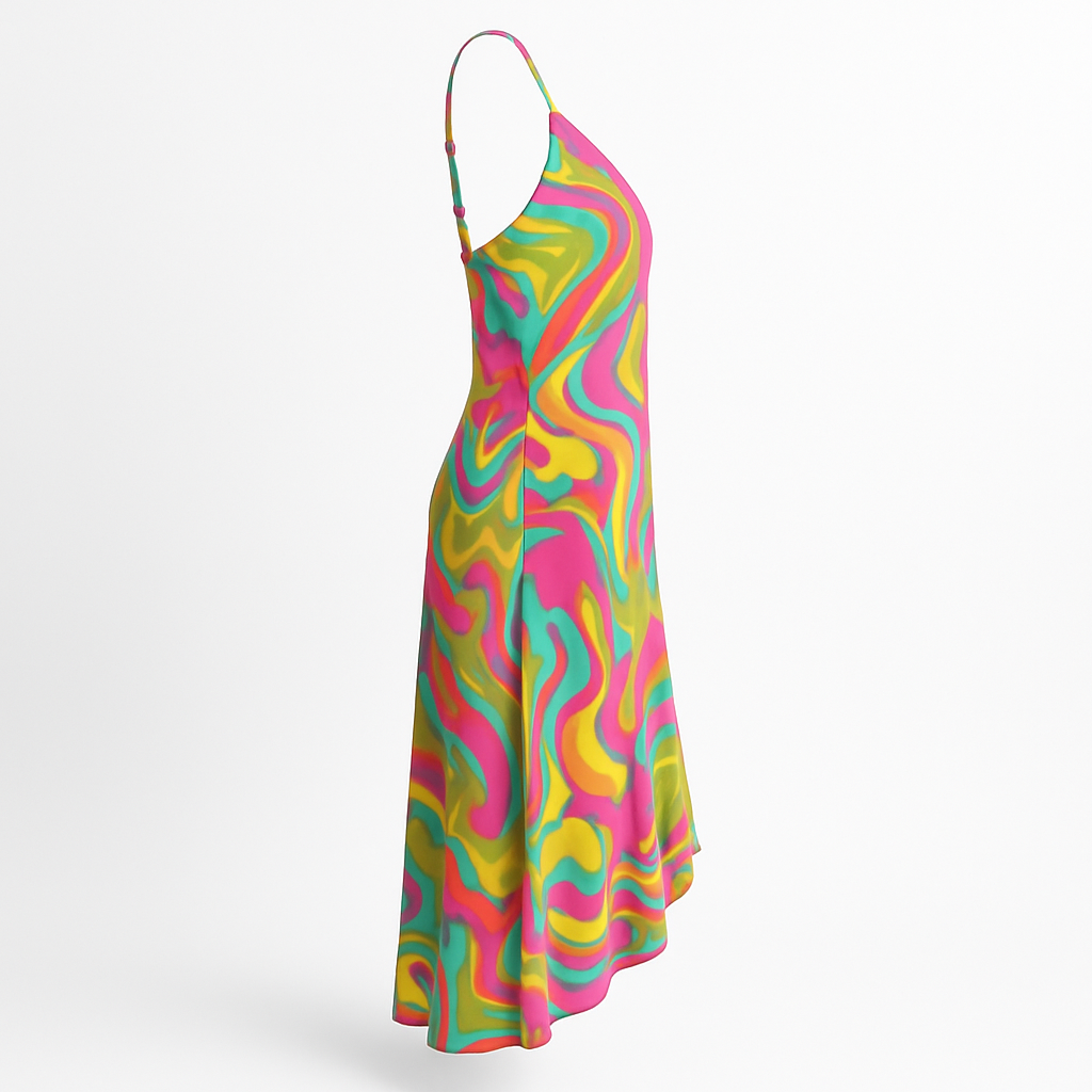 Angelle Milan Maxi Jurk – Psychedelic Swirl Print – Spaghettibandjes – V-ruffle Zoom – Travelstof – Maten S t/m XXL