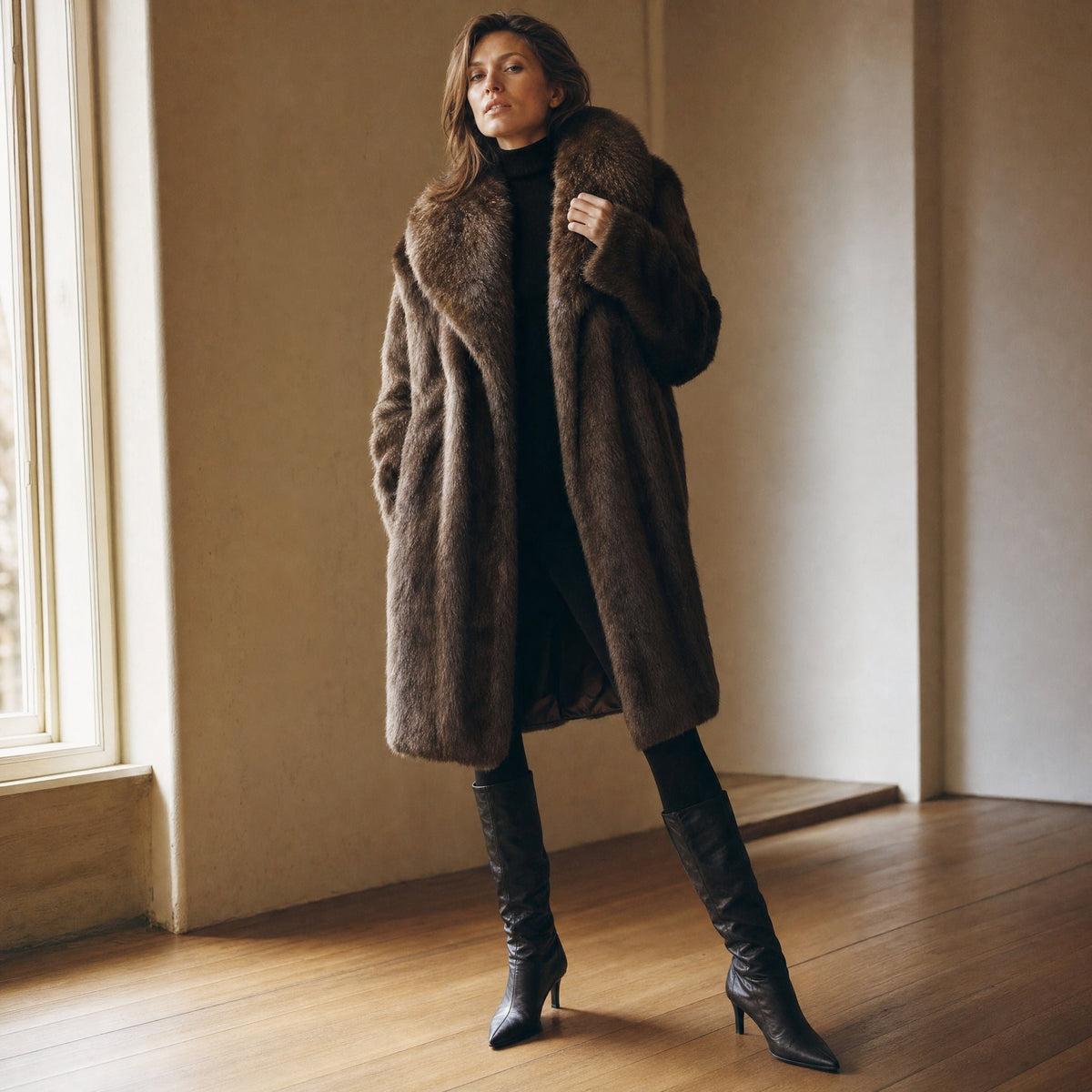 Lange Faux Fur Jas - One Size - Donkerbruin & Camel