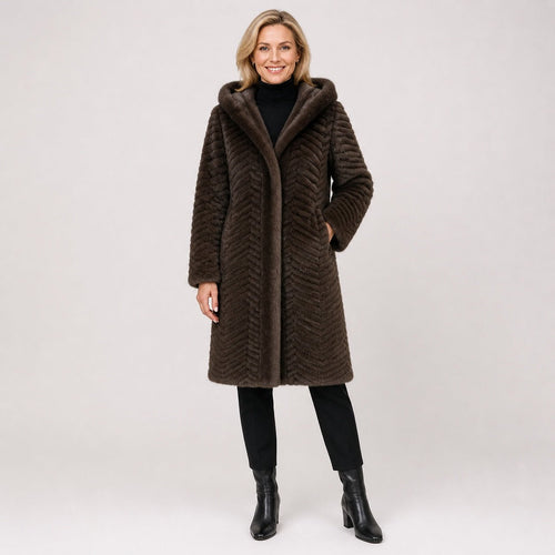 Lange Geribbelde Faux Fur Jas - Capuchon - One Size - Donkerbruin