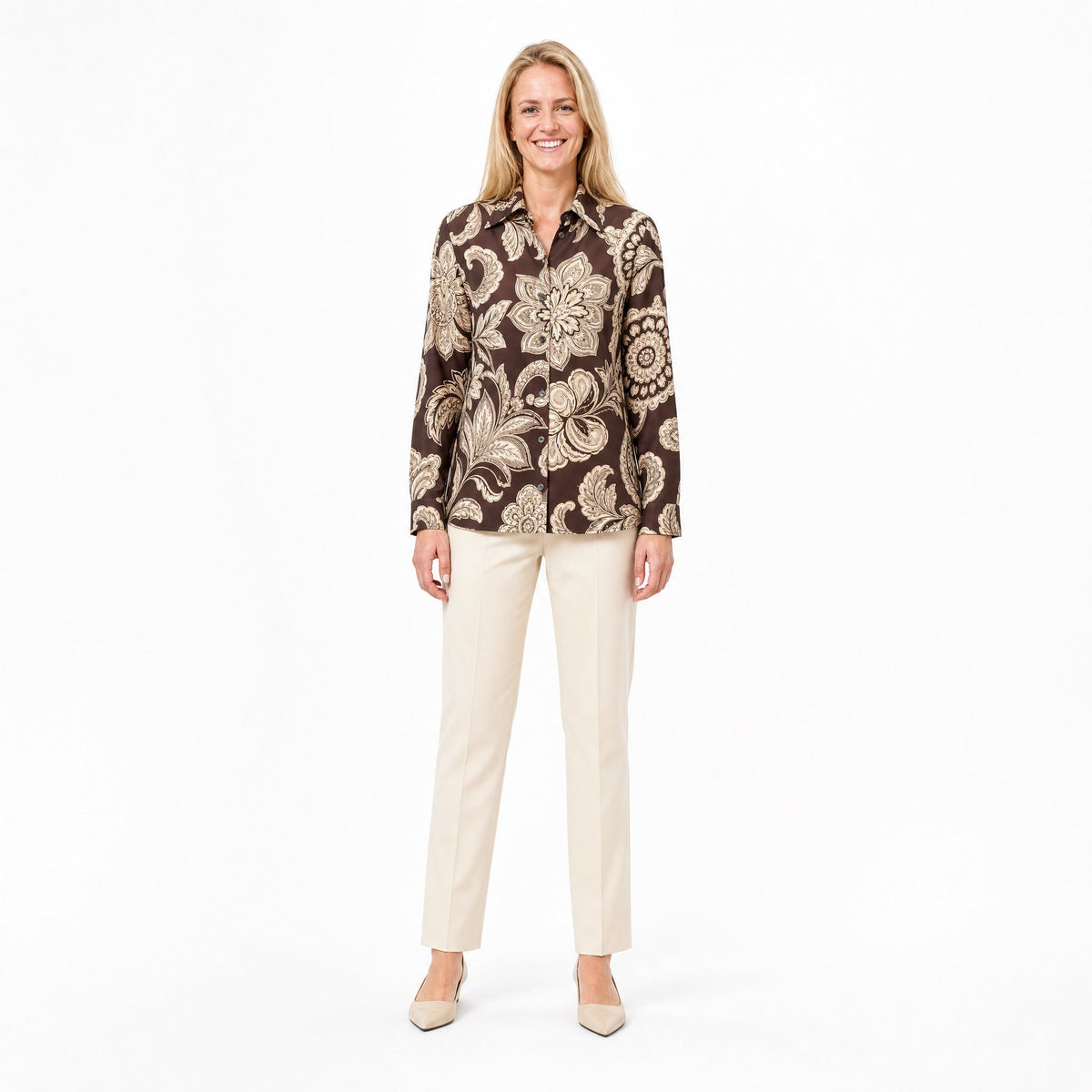 Angelle Milan Travelstof Blouse - Chocoladebruin Crème Botanische Print