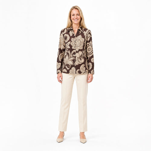 Angelle Milan Travelstof Blouse - Chocoladebruin Crème Botanische Print