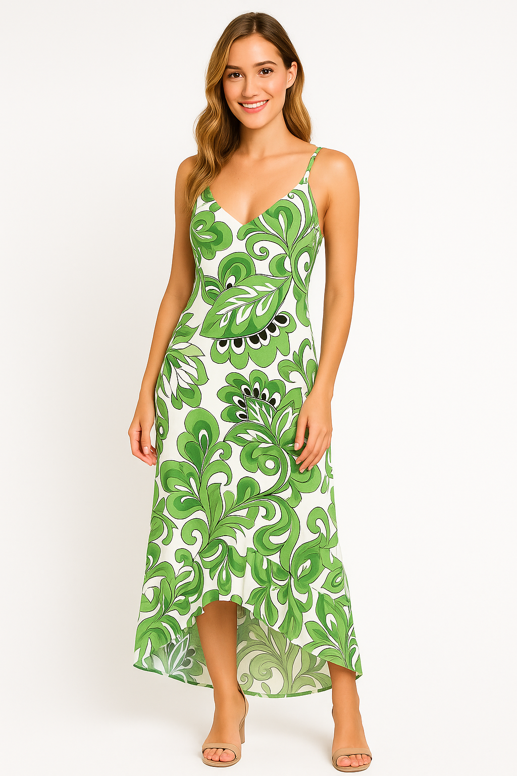 Angelle Milan Maxi Zomerjurk – Groen Abstract Bladmotief – Travelstof – Spaghettibandjes – V-Ruffle Zoom – Maten S t/m XXL