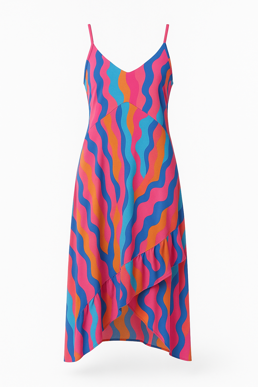 Angelle Milan Maxi Zomerjurk – Abstracte Print – Spaghetti Bandjes – Travelstof – V-Ruffle Zoom – S t/m XXL - Mapsy B.V
