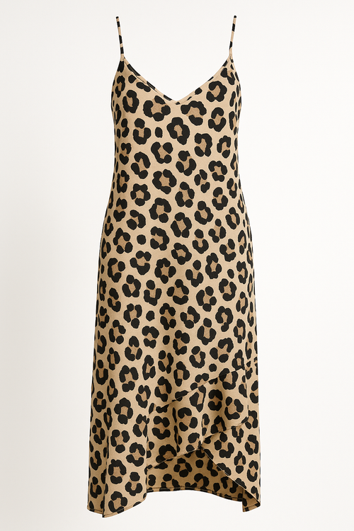Angelle Milan Maxi Jurk – Leopard Print – Spaghettibandjes – V-Ruffle Zoom – Travelstof – Maten S t/m XXL - Mapsy B.V