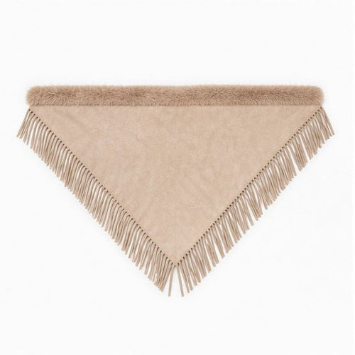 Suedine Driehoek Poncho met Franjes & Faux Fur Kraag