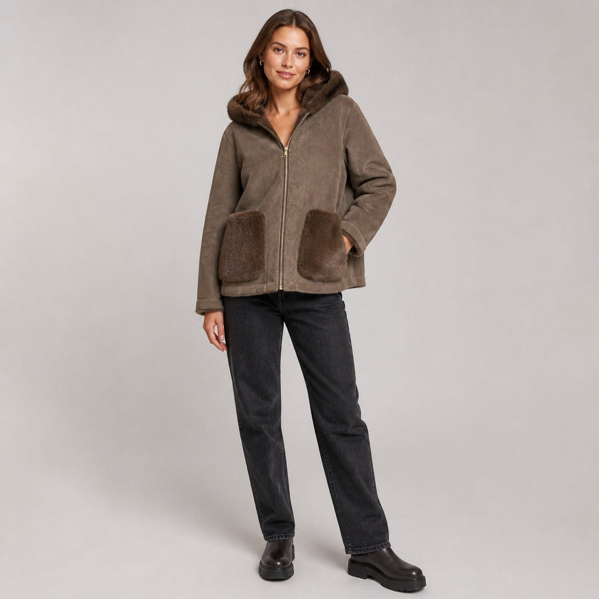 Reversible Jas - Bruin - Faux Fur & Suèdelook - One Size