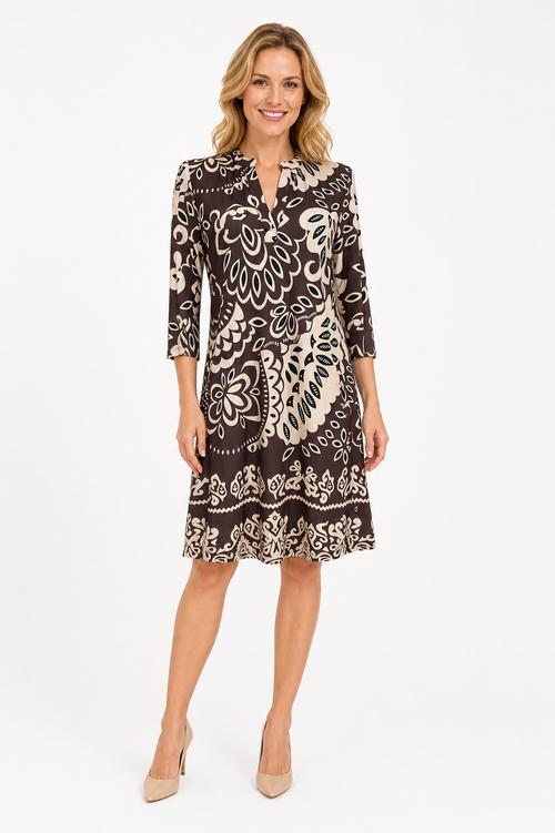 Angelle Milan Travelstof Jurk - Chocolade Crème Botanische Print