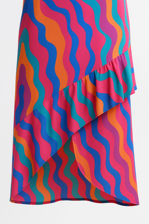 Angelle Milan Maxi Zomerjurk – Abstracte Print – Spaghetti Bandjes – Travelstof – V-Ruffle Zoom – S t/m XXL - Mapsy B.V