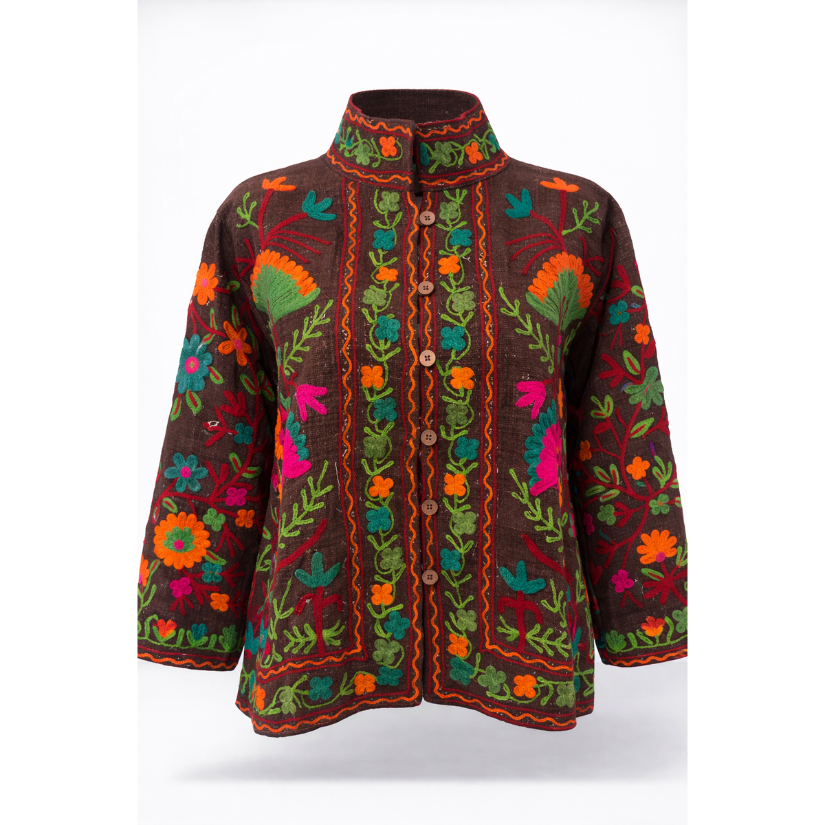 HS Cotton Jacket - In 5 Kleuren - Met Knopen - Leaf Design - Donkerbruin