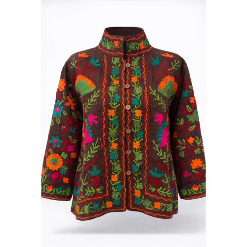 HS Cotton Jacket - In 5 Kleuren - Met Knopen - Leaf Design - Donkerbruin