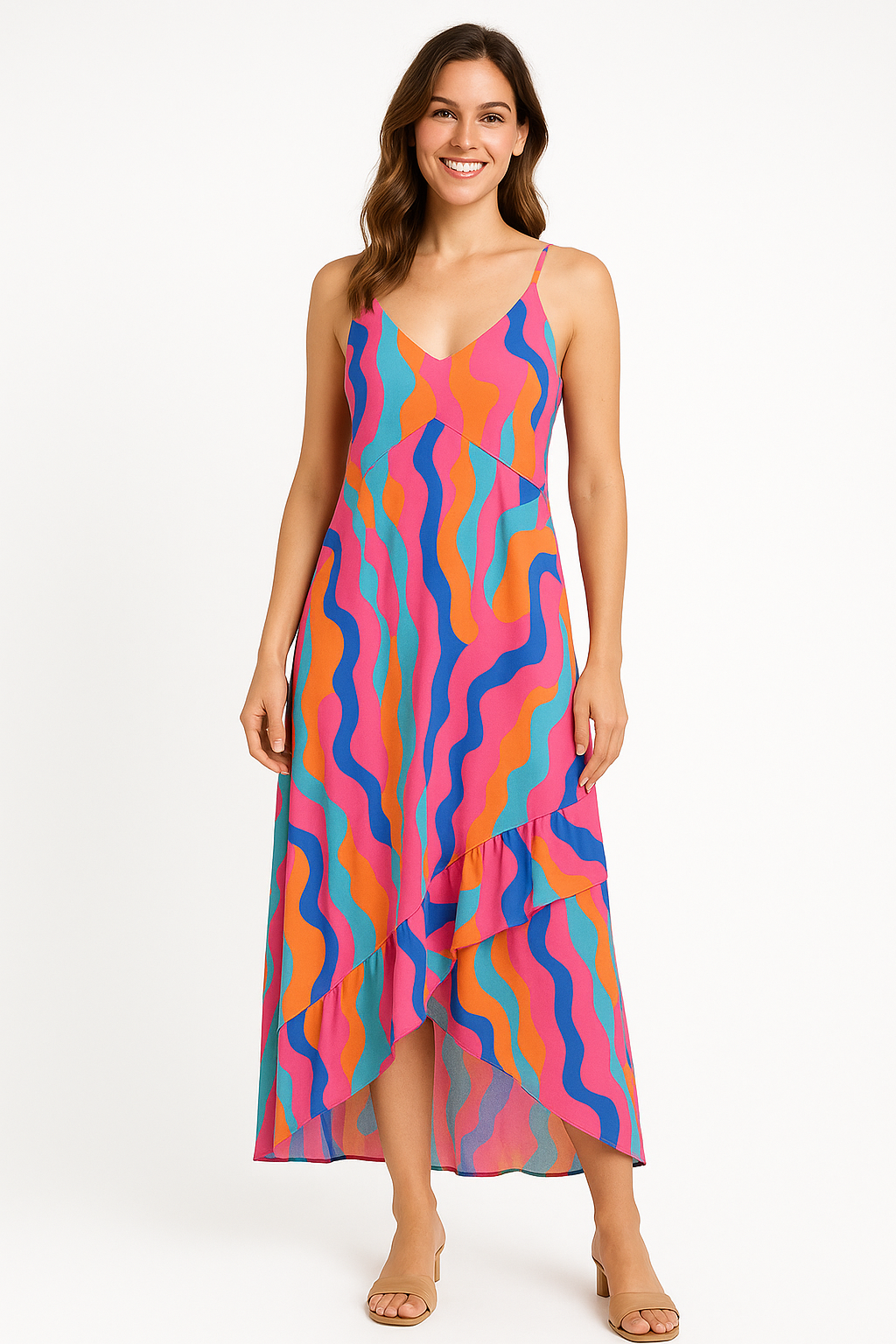Angelle Milan Maxi Zomerjurk – Abstracte Print – Spaghetti Bandjes – Travelstof – V-Ruffle Zoom – S t/m XXL