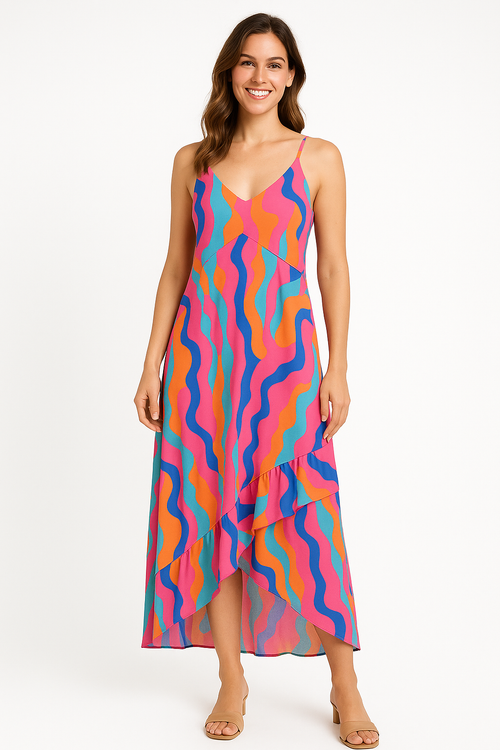 Angelle Milan Maxi Zomerjurk – Abstracte Print – Spaghetti Bandjes – Travelstof – V-Ruffle Zoom – S t/m XXL - Mapsy B.V
