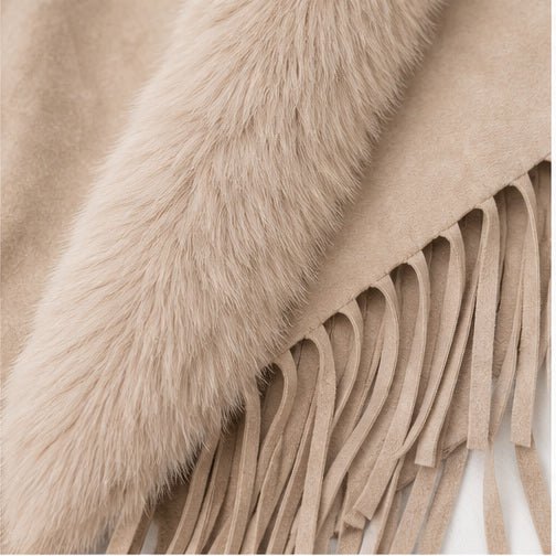 Suedine Driehoek Poncho met Franjes & Faux Fur Kraag