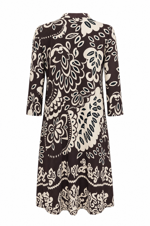 Angelle Milan Travelstof Jurk - Chocolade Crème Botanische Print