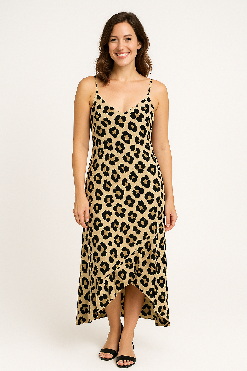 Angelle Milan Maxi Jurk – Leopard Print – Spaghettibandjes – V-Ruffle Zoom – Travelstof – Maten S t/m XXL - Mapsy B.V