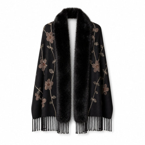Bloemenstola met Faux Fur Rand en Franjes - 65x180 cm