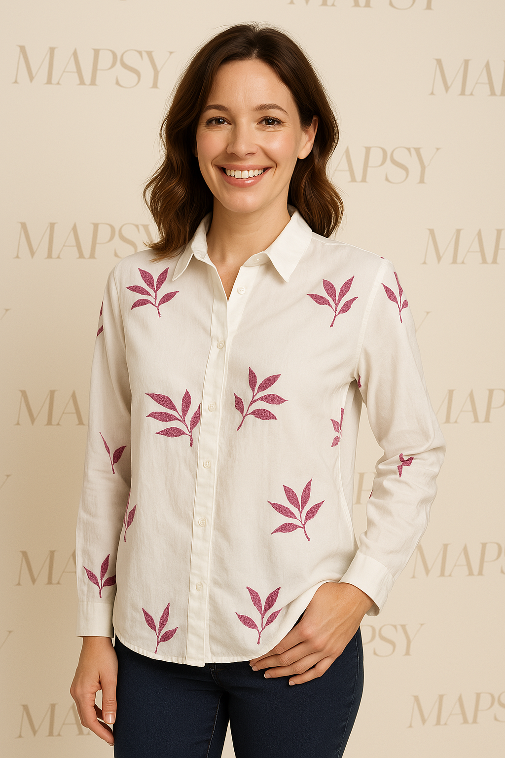 Suzzy & Milly Blouse met Bordeaux Bladeren – Witte Blouse met Geborduurde Bladprint (S/M/L) - Mapsy B.V