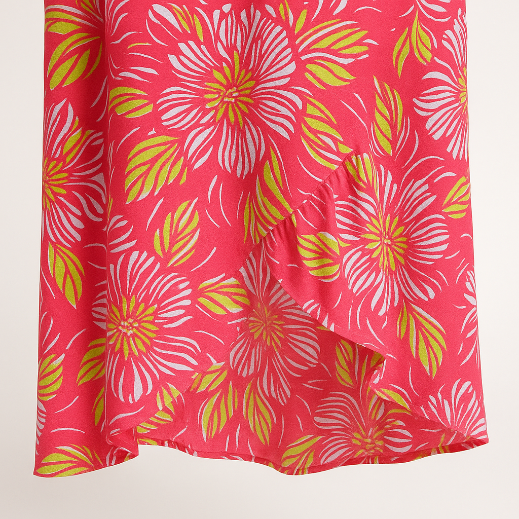 Angelle Milan Maxi Jurk – Koraalroze Tropenprint – Spaghettibandjes – Travelstof – V-ruffle Zoom – Maten S t/m XXL - Mapsy B.V