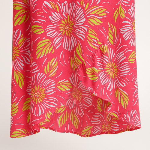 Angelle Milan Maxi Jurk – Koraalroze Tropenprint – Spaghettibandjes – Travelstof – V-ruffle Zoom – Maten S t/m XXL - Mapsy B.V