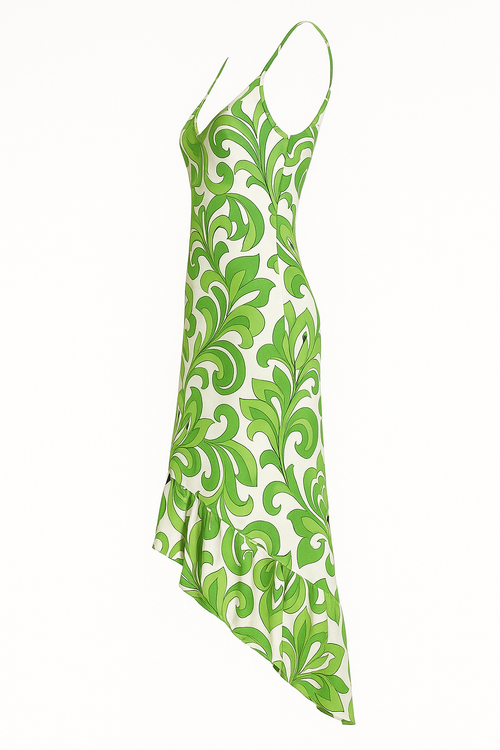 Angelle Milan Maxi Zomerjurk – Groen Abstract Bladmotief – Travelstof – Spaghettibandjes – V-Ruffle Zoom – Maten S t/m XXL - Mapsy B.V