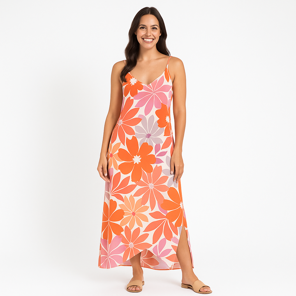 Angelle Milan Maxi Zomerjurk – Travelstof – Spaghetti Bandjes – V-Ruffle Onderzijde – Bloemenprint – S t/m XXL - Mapsy B.V