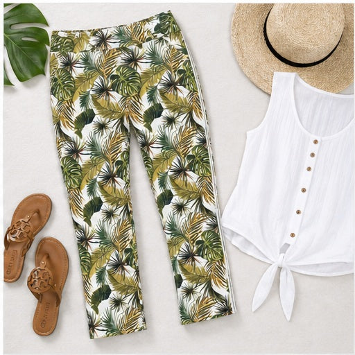 Angelle Milan Capri Broek Travelstof - Groen Palmprint - sfeerbeeld