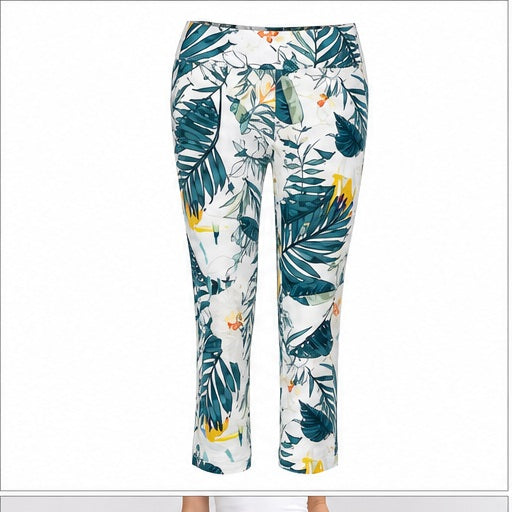 Angelle Milan Capri Broek Travelstof - Wit Teal Leaf Print - vooraanzicht