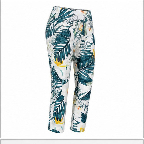 Angelle Milan Capri Broek Travelstof - Wit Teal Leaf Print - zijaanzicht