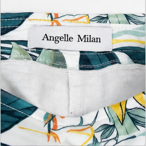 Angelle Milan Capri Broek Travelstof - Wit Teal Leaf Print - detail van materiaal en afwerking