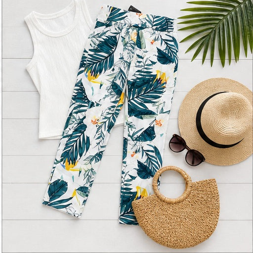 Angelle Milan Capri Broek Travelstof - Wit Teal Leaf Print - sfeerbeeld