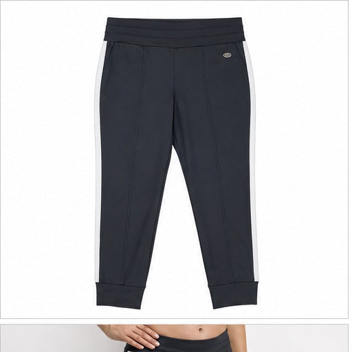 Angelle Milan Capri Broek Travelstof - Zwart met Witte Zijstreep - vooraanzicht