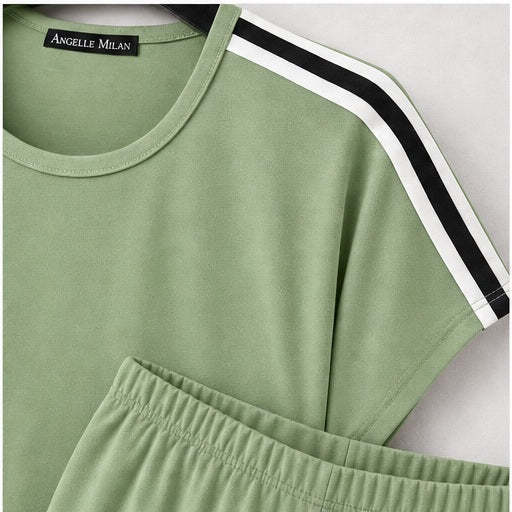 Angelle Milan Tweedelige Set Travelstof - Sage Groen - detail van materiaal en afwerking