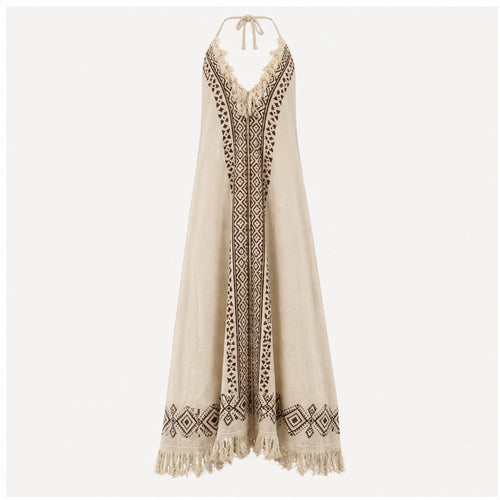 HS Katoenen Zomerjurk Ibiza Halter - Boho Prints - Katoenen Zomerjurk Bruin Boho Fringe - vooraanzicht