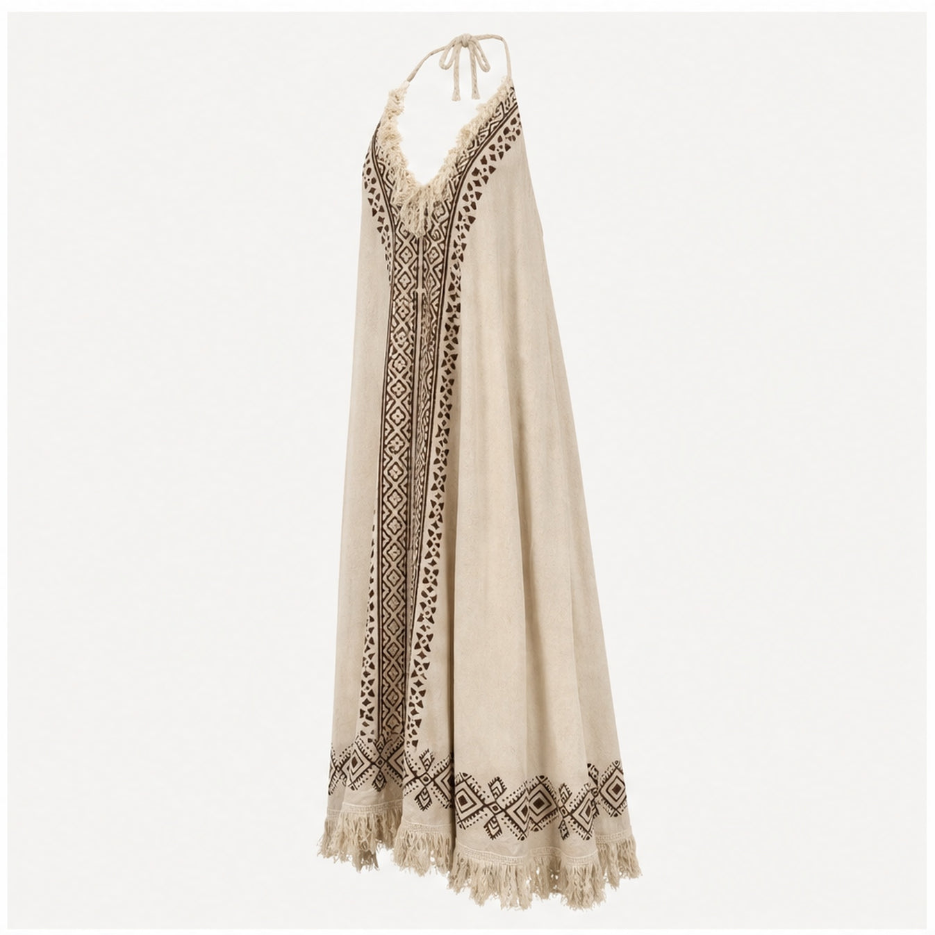 HS Katoenen Zomerjurk Ibiza Halter - Boho Prints - Katoenen Zomerjurk Bruin Boho Fringe - zijaanzicht