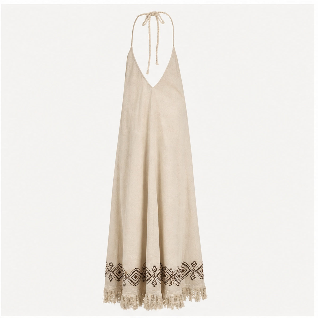 HS Katoenen Zomerjurk Ibiza Halter - Boho Prints - Katoenen Zomerjurk Bruin Boho Fringe - achteraanzicht
