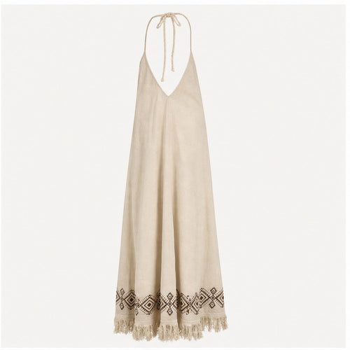 HS Katoenen Zomerjurk Ibiza Halter - Boho Prints - Katoenen Zomerjurk Bruin Boho Fringe - achteraanzicht