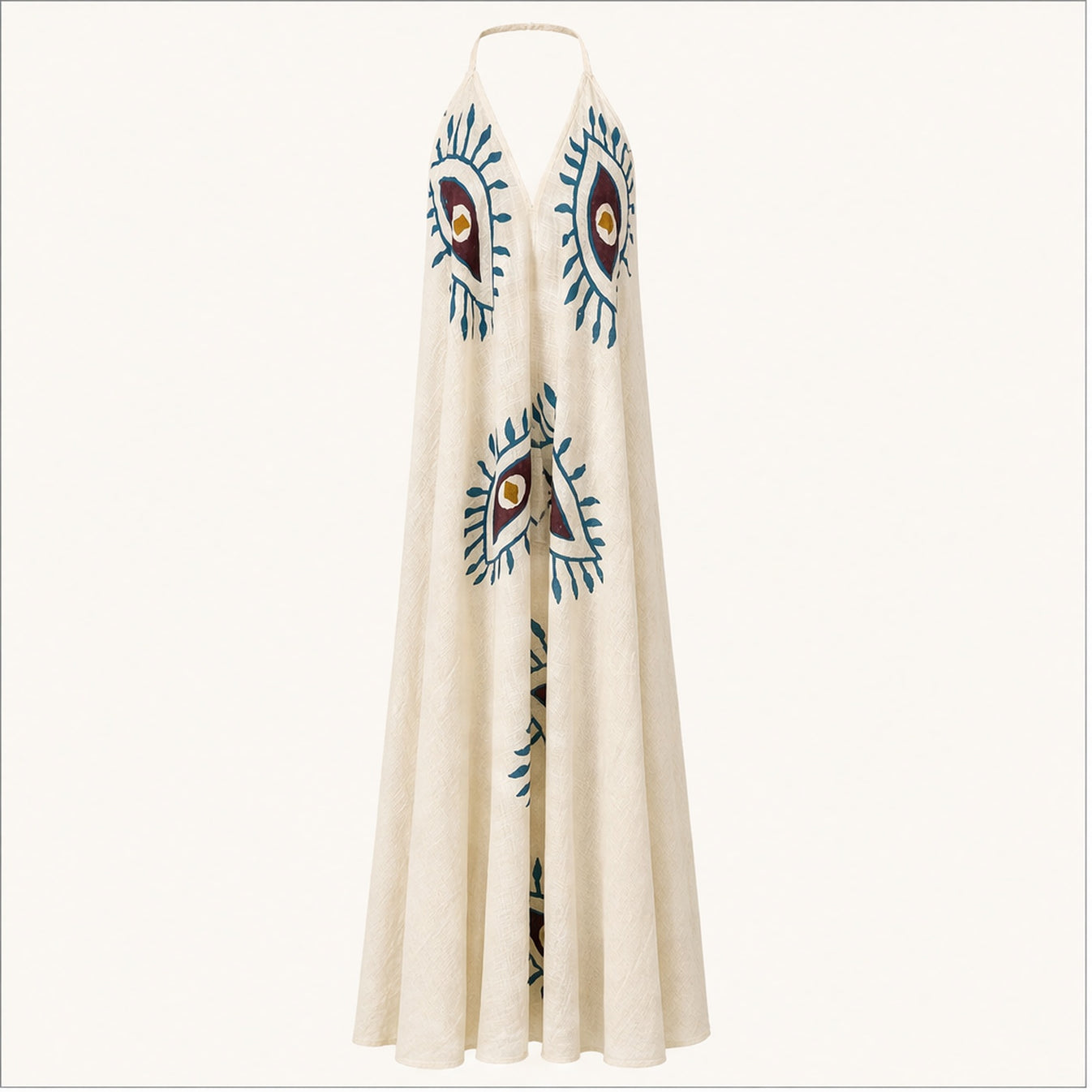HS Katoenen Zomerjurk Ibiza Halter - Eye Print - Katoenen Zomerjurk Beige Eye Print - vooraanzicht