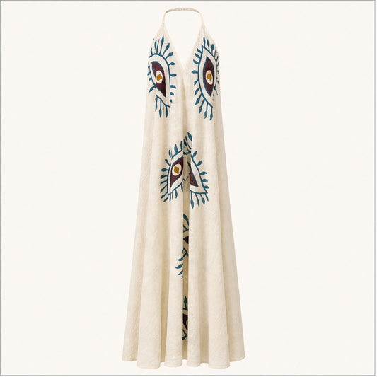 HS Katoenen Zomerjurk Ibiza Halter - Eye Print - Katoenen Zomerjurk Beige Eye Print - vooraanzicht