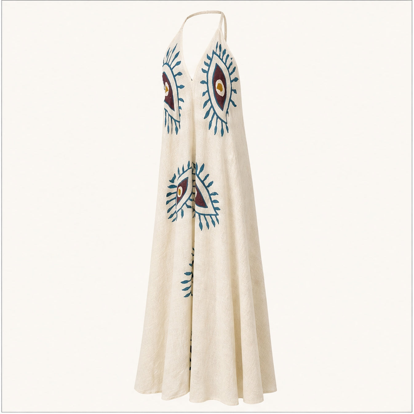 HS Katoenen Zomerjurk Ibiza Halter - Eye Print - Katoenen Zomerjurk Beige Eye Print - zijaanzicht