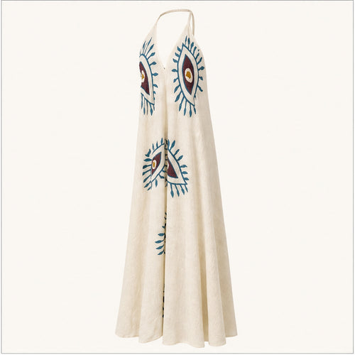 HS Katoenen Zomerjurk Ibiza Halter - Eye Print - Katoenen Zomerjurk Beige Eye Print - zijaanzicht