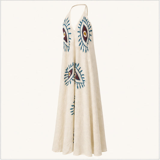 HS Katoenen Zomerjurk Ibiza Halter - Eye Print - Katoenen Zomerjurk Beige Eye Print - zijaanzicht