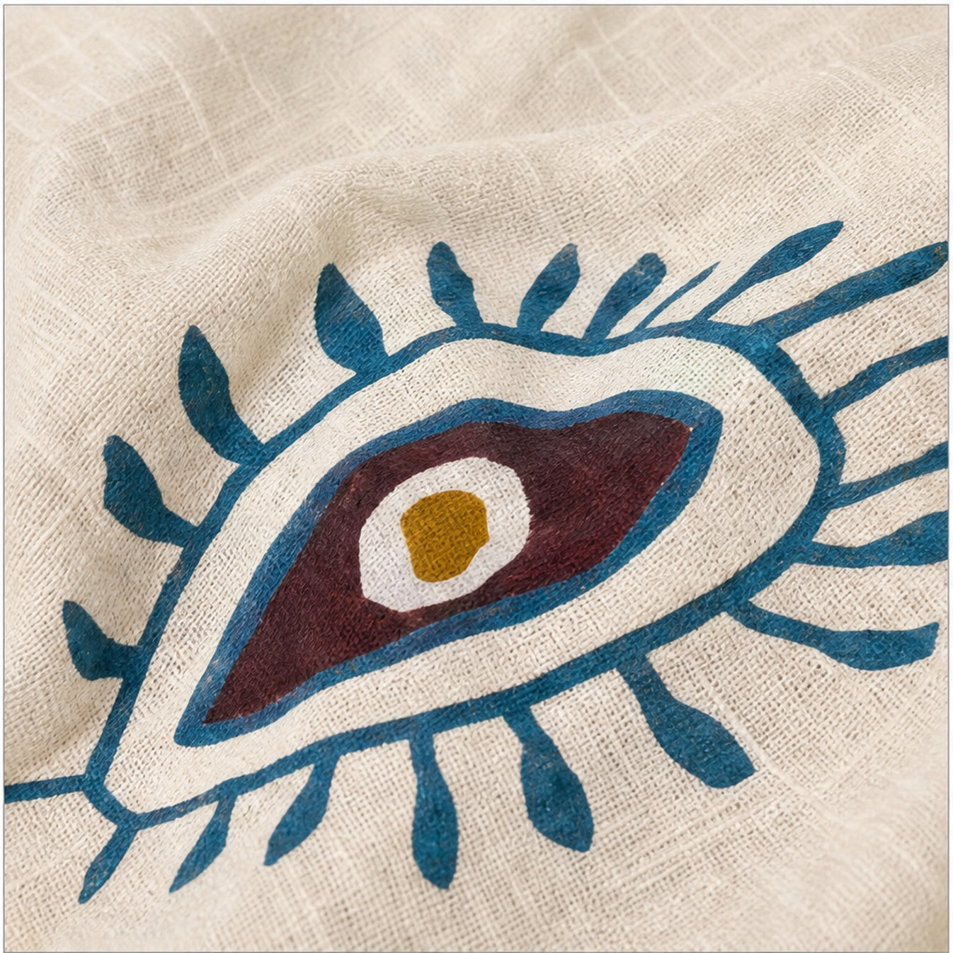 HS Katoenen Zomerjurk Ibiza Halter - Eye Print - Katoenen Zomerjurk Beige Eye Print - detail van materiaal en afwerking