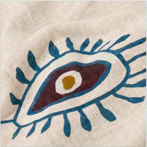 HS Katoenen Zomerjurk Ibiza Halter - Eye Print - Katoenen Zomerjurk Beige Eye Print - detail van materiaal en afwerking