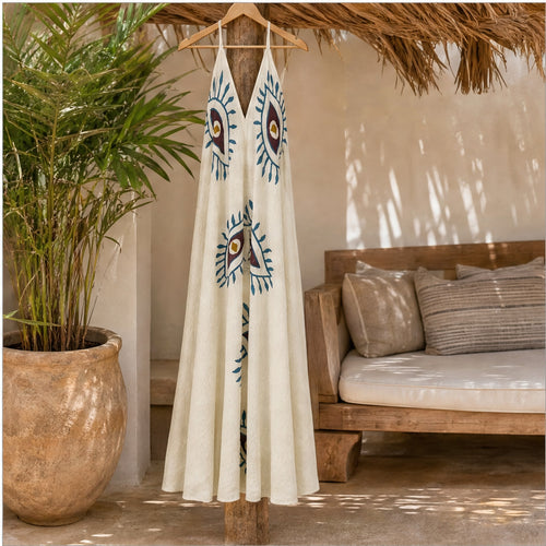 HS Katoenen Zomerjurk Ibiza Halter - Eye Print - Katoenen Zomerjurk Beige Eye Print - detail in sfeerbeeld