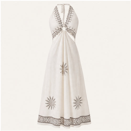 HS Katoenen Zomerjurk Ibiza Halter - Border Prints - Katoenen Zomerjurk Wit Sun Border - vooraanzicht
