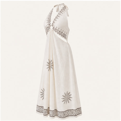 HS Katoenen Zomerjurk Ibiza Halter - Border Prints - Katoenen Zomerjurk Wit Sun Border - zijaanzicht