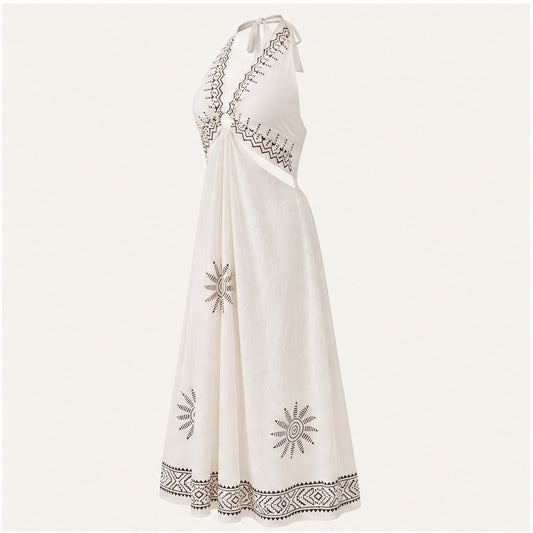 HS Katoenen Zomerjurk Ibiza Halter - Border Prints - Katoenen Zomerjurk Wit Sun Border - zijaanzicht